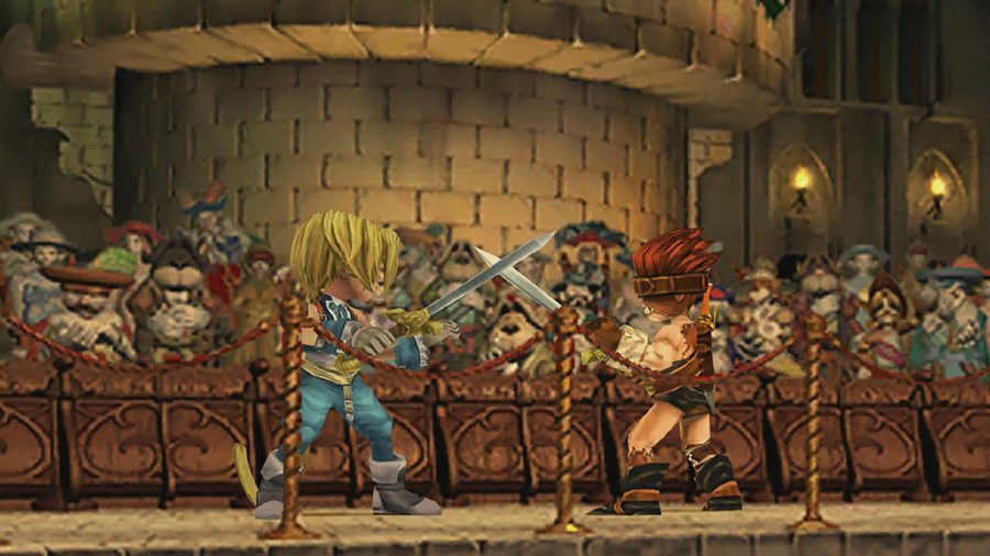 Dwie postacie z Final Fantasy IX walczą na miecze