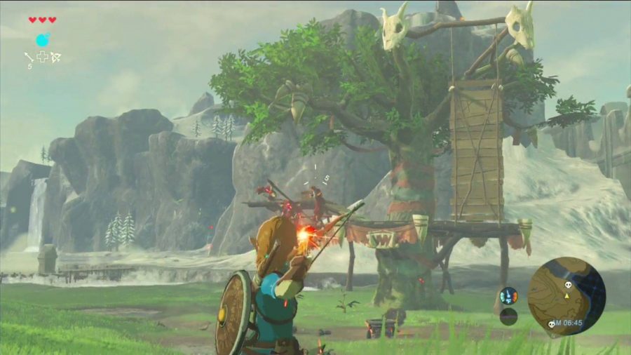 Gry w piaskownicy: zrzut ekranu z Breath of the Wild pokazuje Link szykuje swój łuk, by strzelać do wrogów 