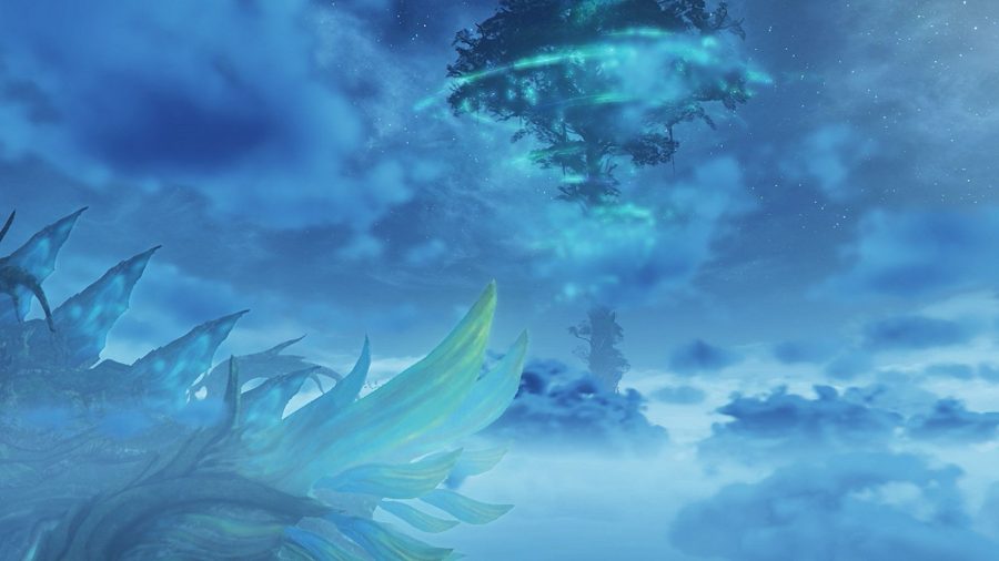 Drzewo świata w Xenoblade Chronicles 2 widziane z daleka.  To masywne drzewo spowite niebieskim dymem, w morzu chmur poniżej i powyżej.