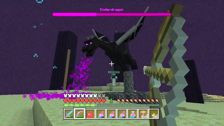 Minecraft Ender Dragon: obraz z Minecrafta pokazuje gracza atakującego gigantycznego wroga smoka, znanego jako Ender Dragon