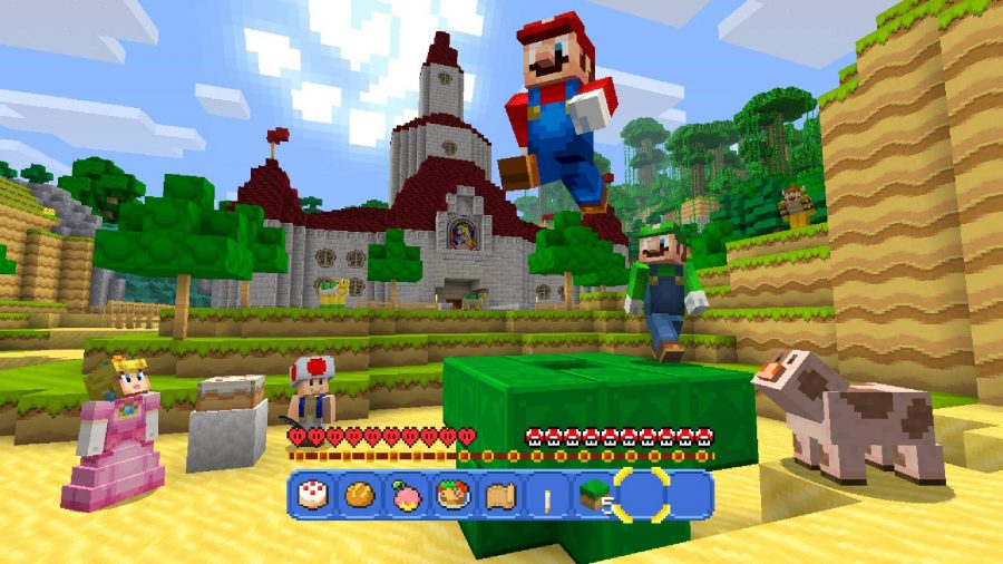 Skórki Minecraft: Kilka postaci z Mushroom Kingdom, w tym Mario, jest widocznych w stylu Minecraft