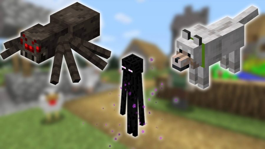 Moby z Minecrafta: zrzut ekranu z Minecrafta jest w tle, a na pierwszym planie są obrazy Minecraftowych wersji wilka, pająka i wysokiego czarnego wroga znanego jako ender man