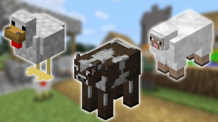 Moby z Minecrafta: w tle zrzut ekranu przedstawiający Minecrafta, a na pierwszym planie zdjęcia kurczaka, krowy i owcy w wersji Minecrafta