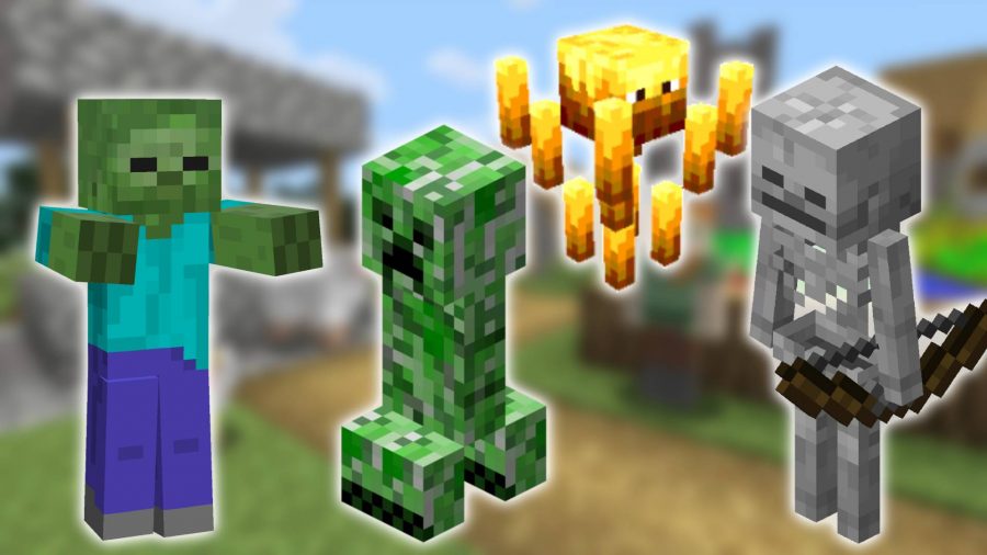 Moby z Minecrafta: w tle zrzut ekranu przedstawiający Minecrafta, a na pierwszym planie obrazy zombie w wersji Minecrafta, szkieletu, zielonego wroga zwanego pnączem oraz unoszącego się płomienia zwanego płomień