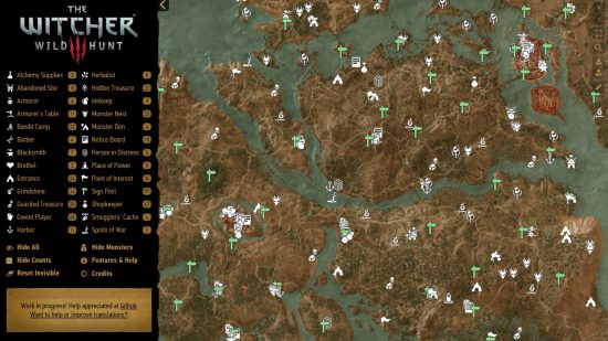 Mapa Wiedźmina 3 przedstawiająca tysiące ikon rozsianych po lądzie i morzu, z legendą po lewej stronie i kategoriami po prawej.