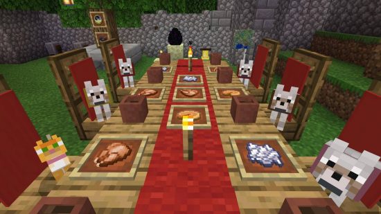 Czarny piątek w App Store: zrzut ekranu z gry Minecraft pokazuje grupę psów zgromadzonych wokół stołu podczas Święta Dziękczynienia
