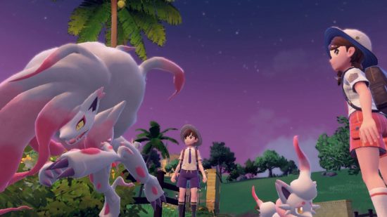 Hodowla Pokémon Scarlet i Violet: dwie młode postacie stoją na plaży obok pokemona przypominającego psa z białym futrem i czerwonymi pasemkami.