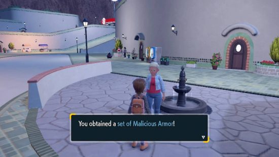 Jak ewoluować Charcadet: zrzut ekranu z Pokemon Scarlet i Violet pokazuje osobę obok fontanny