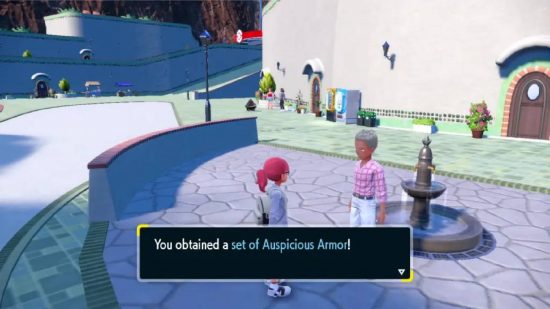 Jak ewoluować Charcadet: zrzut ekranu z Pokemon Scarlet i Violet pokazuje osobę obok fontanny