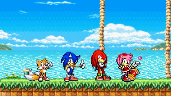 Tapeta dźwiękowa: pikselowa scena pokazuje, że Sonic, Tails, Knuckles i Amy stoją w Green Hill Zone