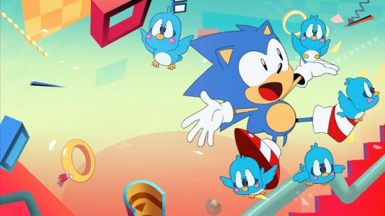 Tapeta z dźwiękiem: ilustracja z przerywnika filmowego otwierającego grę Sonic Mania przedstawia kolorowego Sonica skaczącego z radości w powietrze