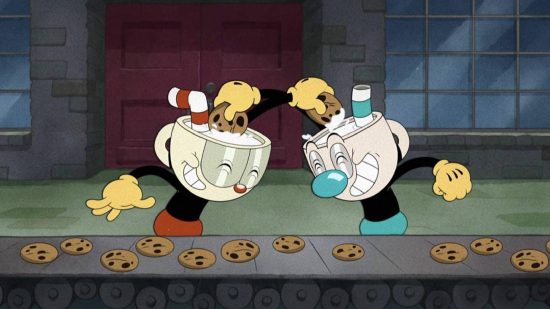 Cuphead Mugman: zrzut ekranu z The Cuphead Show pokazuje, jak Cuphead i Mugman zanurzają herbatniki w kubkach na swoich głowach