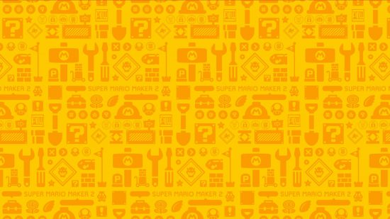 Tapety Mario: pastelowo żółte tło pokazuje wiele różnych przedmiotów i narzędzi z Super Mario Maker 2