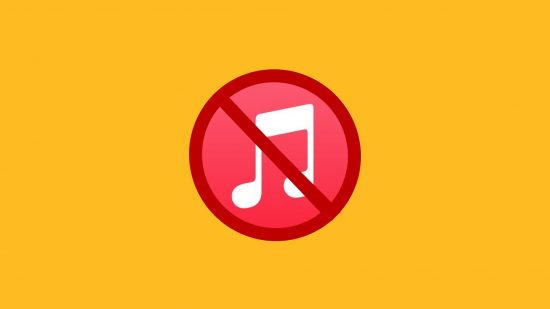 Logo Apple Music za znakiem zakazu wstępu na żółtym tle