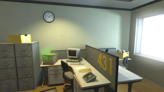 gry wybór Przypowieść Stanleya: biuro z biurkami i komputerem