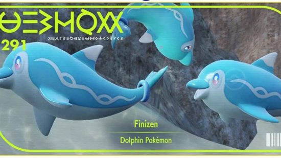 Jak ewoluować Finizen: Okładka Pokedexu Finizena przedstawiająca trzech z nich pływających w oceanie.